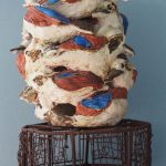 Pottery kookaburras on metal stand - (ht = 60cm)