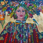 Acrylic with mixed media - gold leaf, buttons, braid, paper.